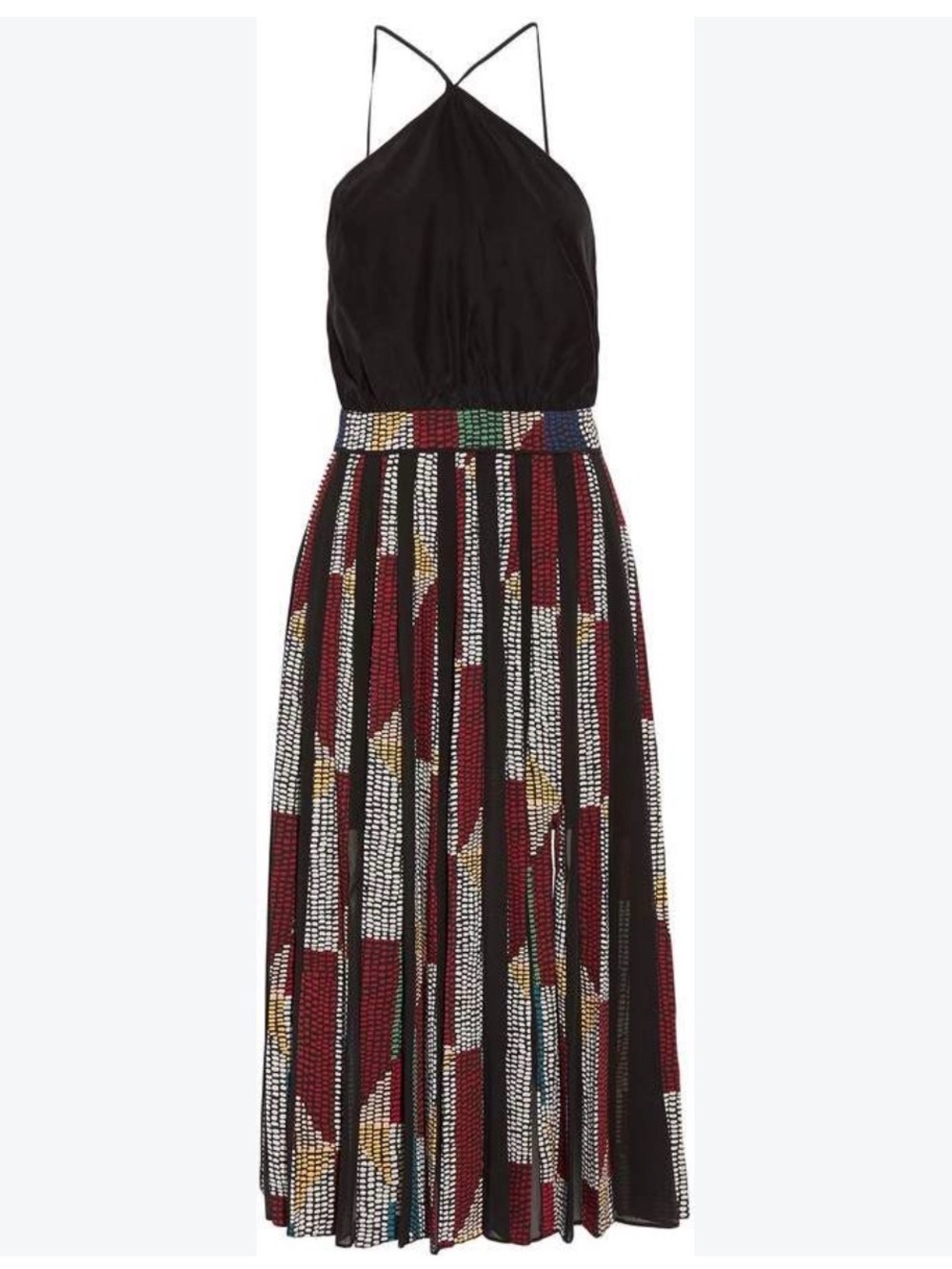 Cinq a Sept Size 4 NWT Black Halter Midi Dress with Multicolor Pleated Skirt